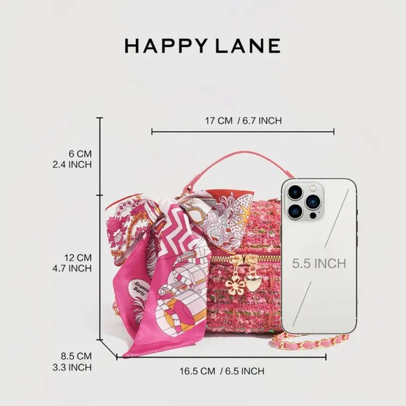 NWT Pink Tweed Vanity Case Bag Chain Strap Silk Scarf Happy Lane - Picture 12 of 14